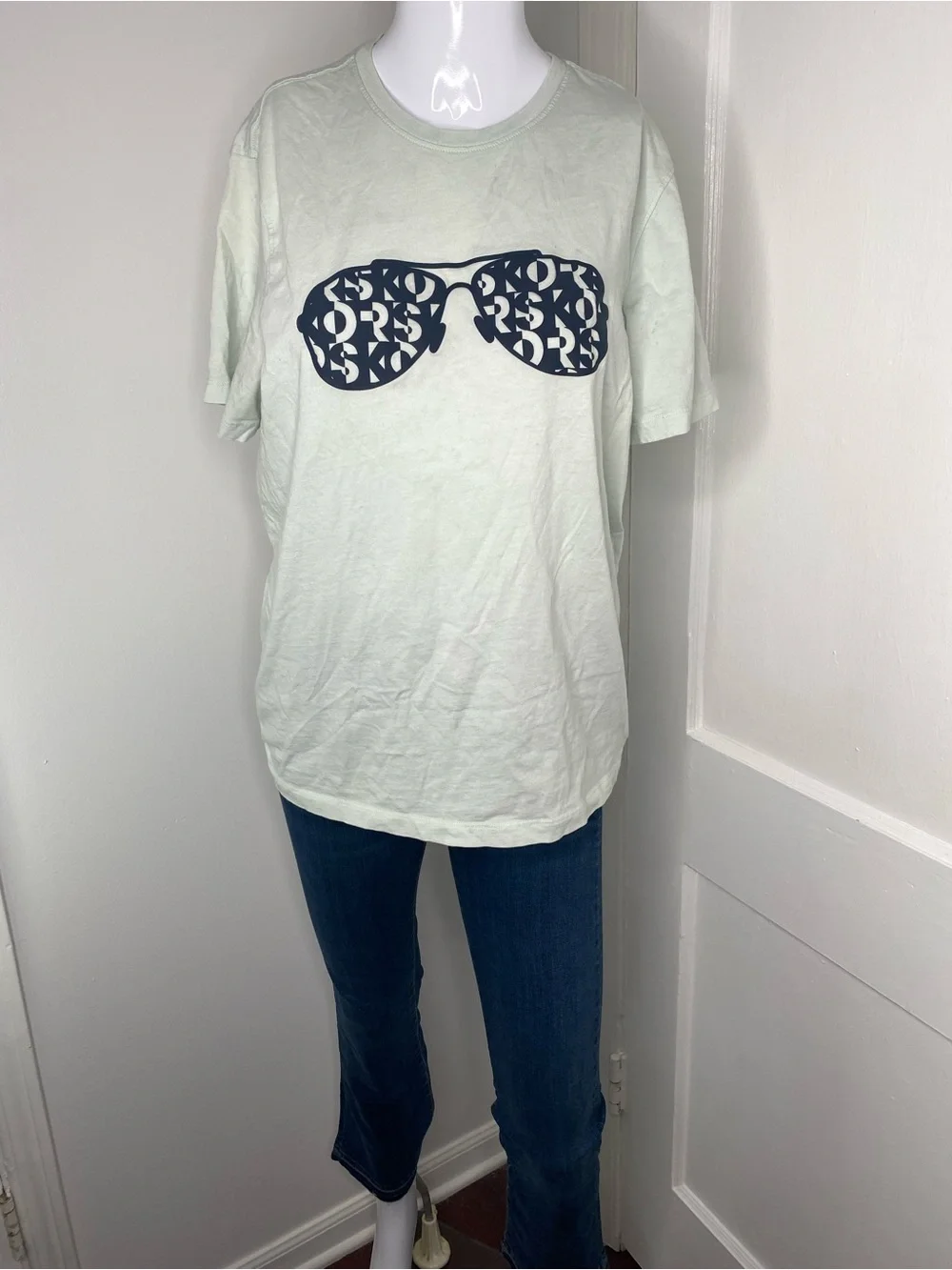 Michael Kors Unisex Mint Green Blue Tee with Navy Sunglasses Graphic Flawed